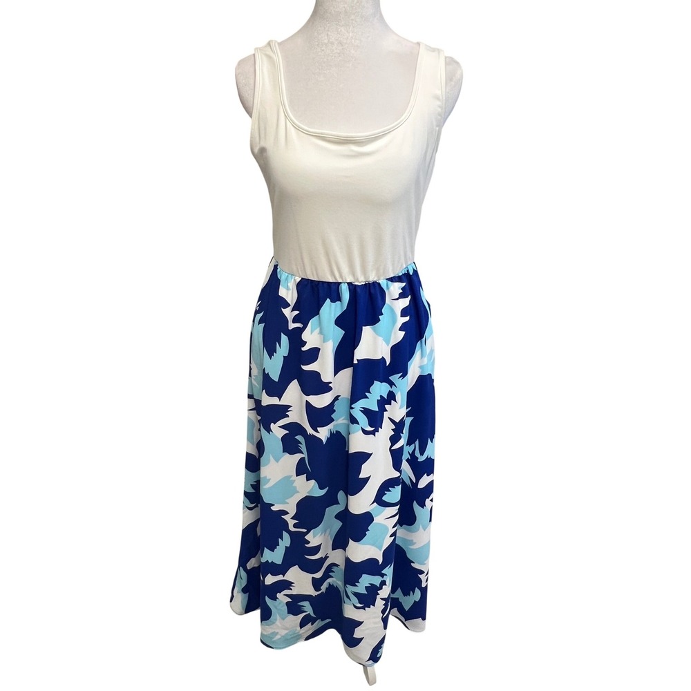 Boho Sleeveless Maxi Dress Abstract Print Blue White Sz M Coastal Nautical Flowy